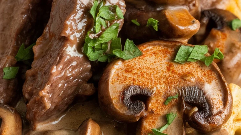 Beef Tips and Egg Noodles in Mushroom Cream Sauce - Featured