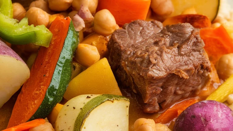 Couscous with Tomato Spiced Meat and Vegetables - Featured