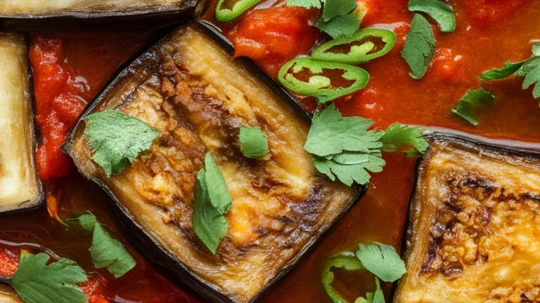 Eggplant with Tomato Garlic and Green Chilli - Featured