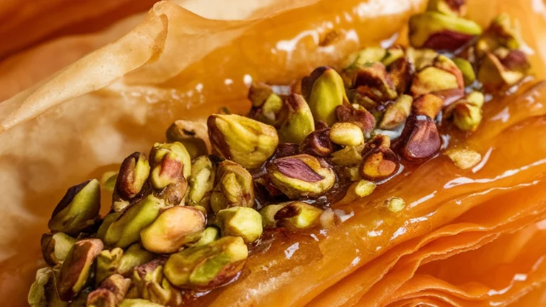 Pistachio Baklava with Honey Cinnamon Syrup - Featured