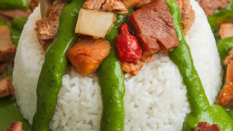 Rice with Assorted Meat and Green Pepper Sauce - Featured
