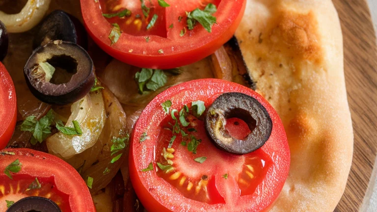 Yeast Flatbread with Tomato Pepper and Olives - Featured