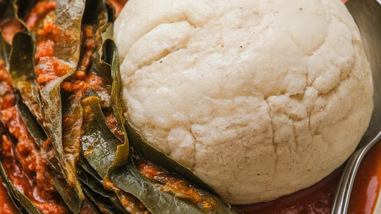 Eba with Efo Gbure (Cassava Flake Swallow with Waterleaf Soup) - Featured