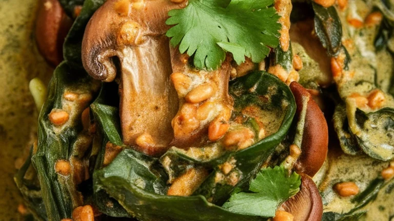 Ifisashi n'Ubwoko (Rwandan Peanut Spinach Stew with Mushroom) - Featured