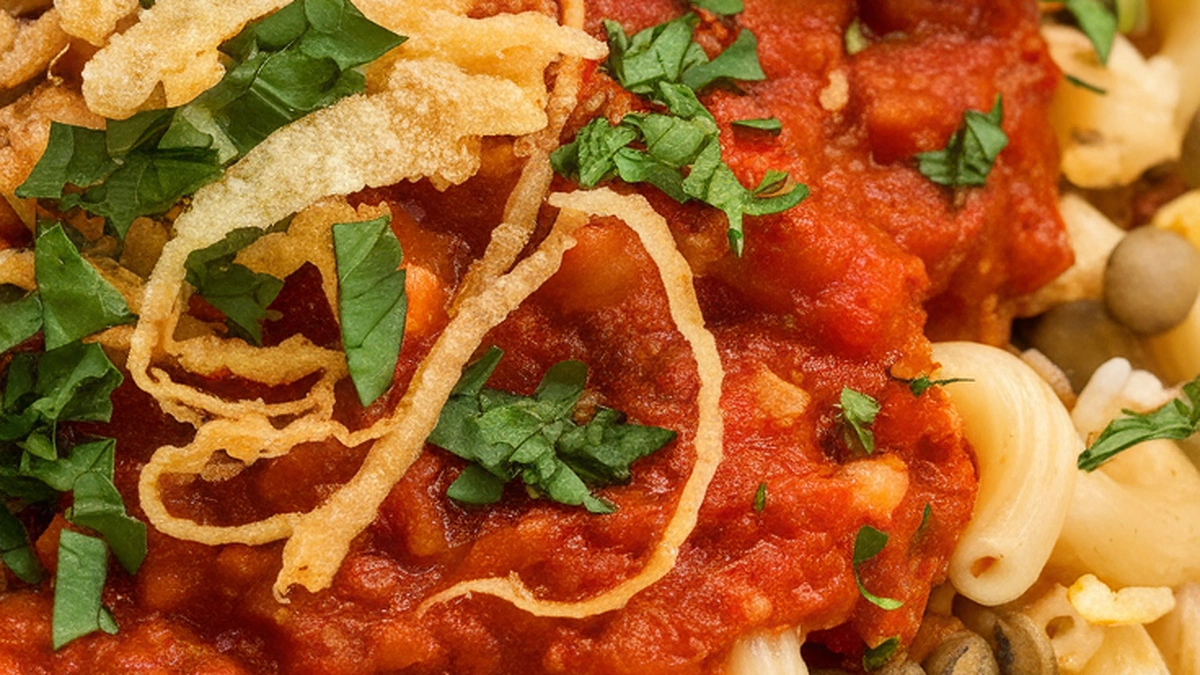 Koshari (Egyptian Rice with Pasta and Lentils) - Featured